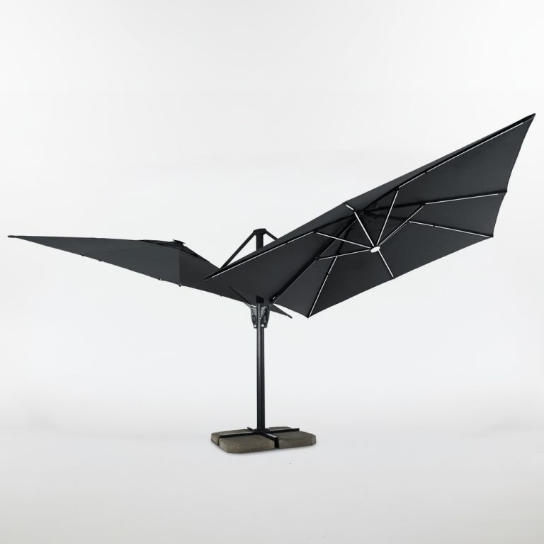 Large double terrace parasol Twin Flexy — covers up to 18 m² with one support pole