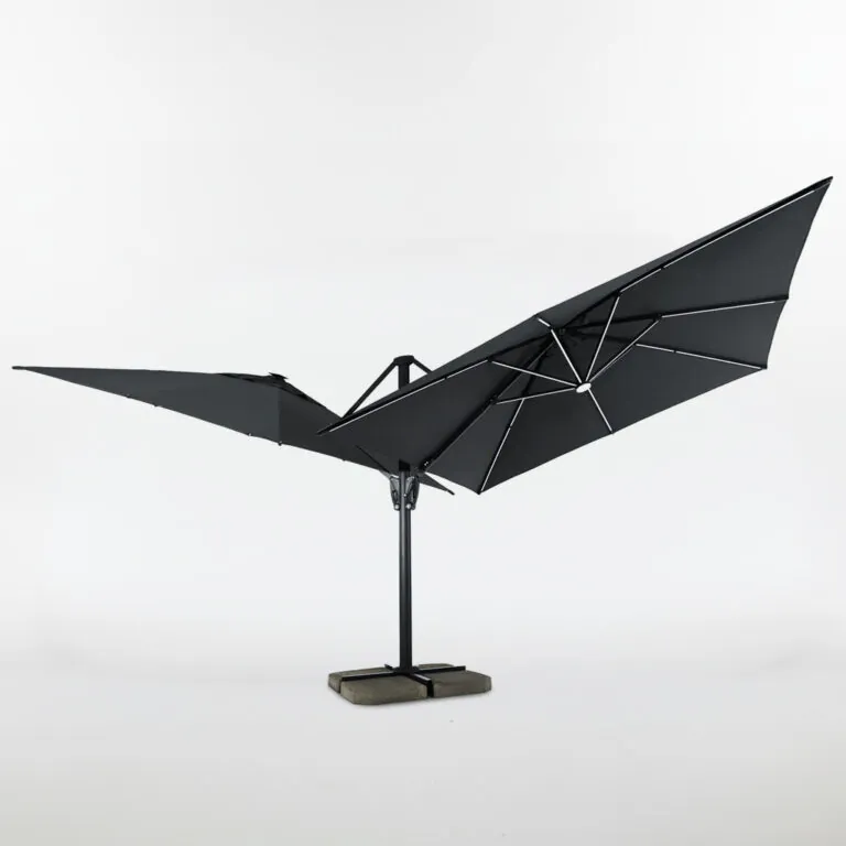 Large double terrace parasol Twin Flexy — covers up to 18 m² with one support pole